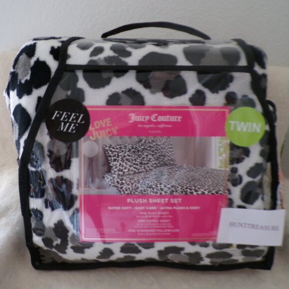 Juicy Couture Twin Plush Sheet Set Black Grey Leopard Print Super Soft & Cozy - Picture 1 of 4